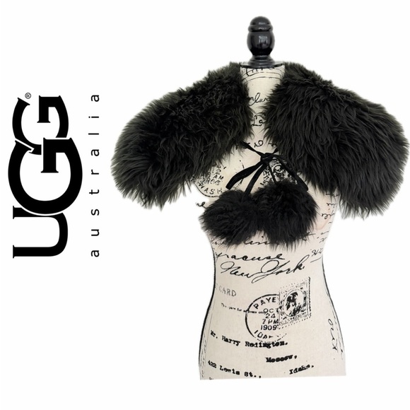 UGG Accessories - UGG Sheepskin Fur Shoulder Wrap Fluffy Pom Poms Ties Black One size MobWife core